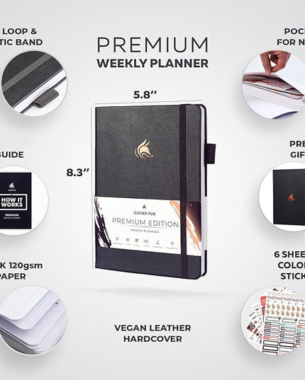 Clever Fox Planner Premium Edition – Undated Luxurious Weekly & Monthly Planner to Increase Productivity and Hit Your Goals – Organizer – Start Anytime, A5, Lasts 1 Year, Silver Black (Weekly)