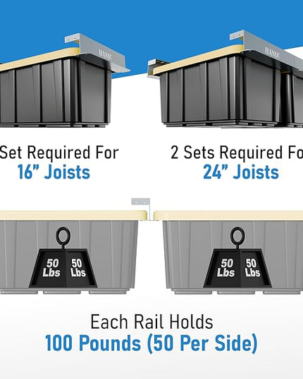 HANDT Overhead Garage Storage Rack, Connectable Heavy Duty Metal Ceiling Rails For Garage Storage Organization Shelving System, Hanging Racks For Tote Containers, Supports Up To 6 Bins, 4 Sets Gray