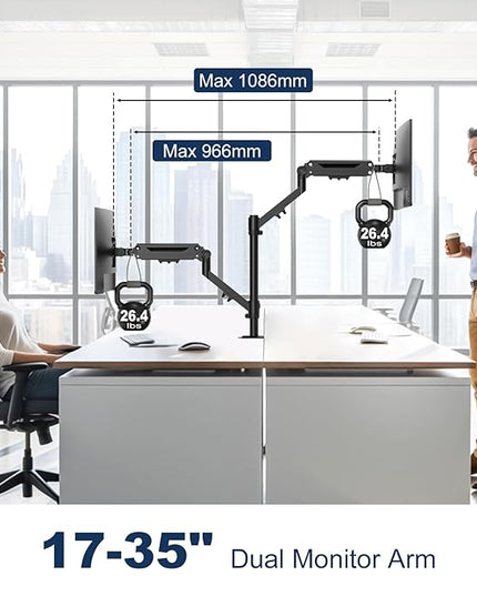 Dual Monitor Mount for 17 to 40 inches, Holds up to 26.4 lbs, Monitor Desk Arms for 2 Monitors Vertical/Parallel Placement, with Clamp/Grommet Base, VESA Mount 75/100 mm