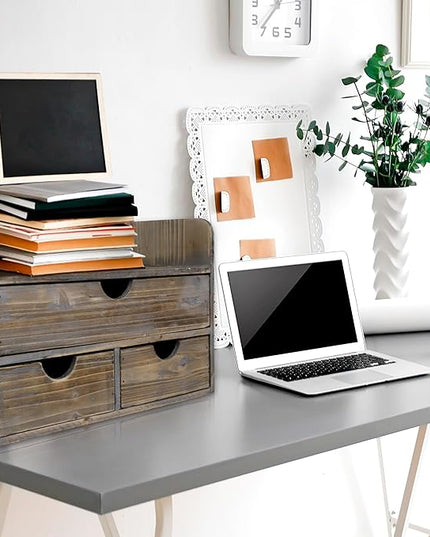 Besti Wooden Office Desk Organizer - Organizing Tool for Desktop, Cubicle, Bedroom, Kitchen - Vintage Style Organization Caddy with Top Tray Shelf & 3 Drawers - 13.6x9x7 Inches (Rustic)