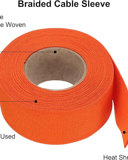 MECCANIXITY Braided Cable Sleeves Heat Shrinkable Fabric Sleeving, 1 1/4" 26ft Orange 2:1 Ratio Heat Shrinkable Cord Protector for Harness Cable, Network Cable Protection, Cable Management