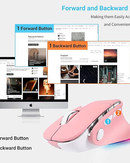 Ergonomic Mouse Jiggler,Bluetooth Vertical Wireless Mouse,LED Rechargeable Optical Computer Mice, Portable(BT5.2 or USB 2.4GHz) Dual Mode,1000/1600/2400 DPI,8 Buttons for Laptop,PC,Macbook (pink)