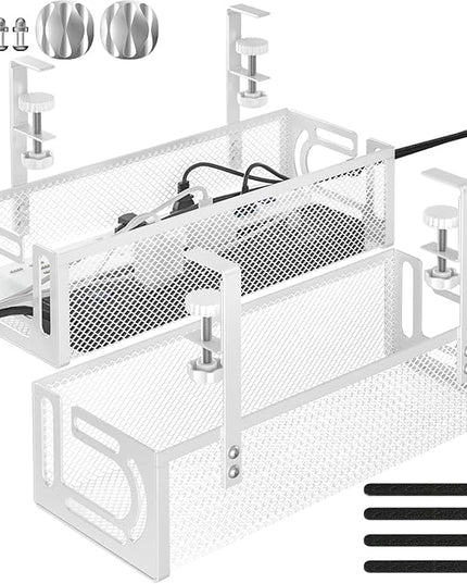 Under Desk Cable Management Tray, 15.7'' No Drill Steel Desk Cable Organizers, Wire Management Tray Cable Management Rack (2 Packs-White)