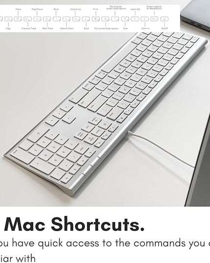 Macally Ultra Slim USB Wired Computer Keyboard - Compatible Apple Keyboard or Windows - Full Size with 20 Mac Keyboard Keys -with Numeric Keypad - Silver Aluminum Finish