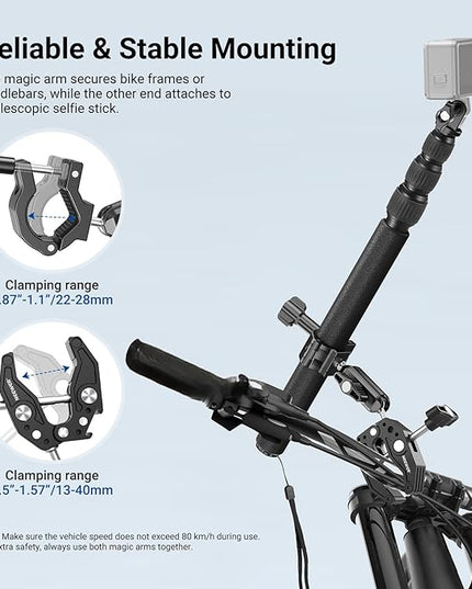 NEEWER Motorcycle Mount Accessories Kit Compatible with GoPro Insta360 DJI, Bike Tail Handlebar Invisible Selfie Stick Double Clamp Holder with Action Camera Adapter for POV Video Recording, GP-30