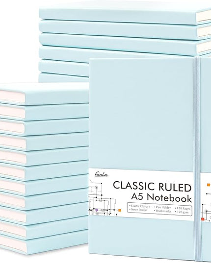 feela 24 Pack Journal Notebook Bulk for Work, Business Notebook Hardcover Lined Writing Journal with Pen Holder for Students Women Note Taking, with 24 Black Pens, 120 GSM, 5.1”x8.3”, A5, Sky Blue