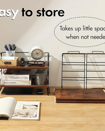 KATHY&BOB Wood Desk Shelf Organizer, 2-Tier Desktop Supplies Storage Rack, Adjustable Stackable Desk Shelf for Office, Kitchen, Bathroom, 15.75"*12.2"*7.87" (2 Sets)