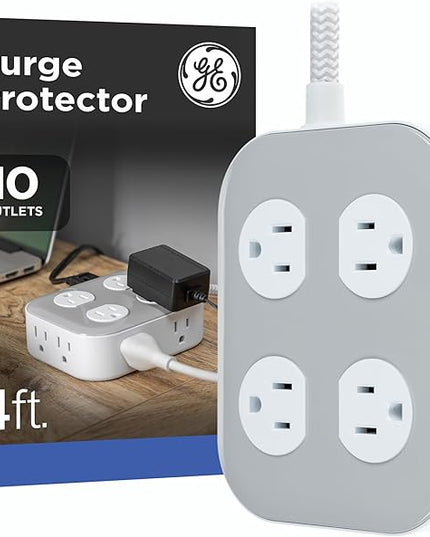 GE UltraPro 10-Outlet Surge Protector, 2100 Joules, 4ft Braided Extension Cord, Flat Plug, Power Strip with Wide-Spaced Outlets, Gray/White, 84860