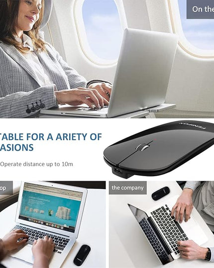 FENIFOX Wireless Bluetooth Mouse, Ultra-Thin Flat and Slim Silent USB-C Rechargeable Travel Mini Portable Mouse for Mac iPad Laptop MacBook Tablet Chromebook - Black