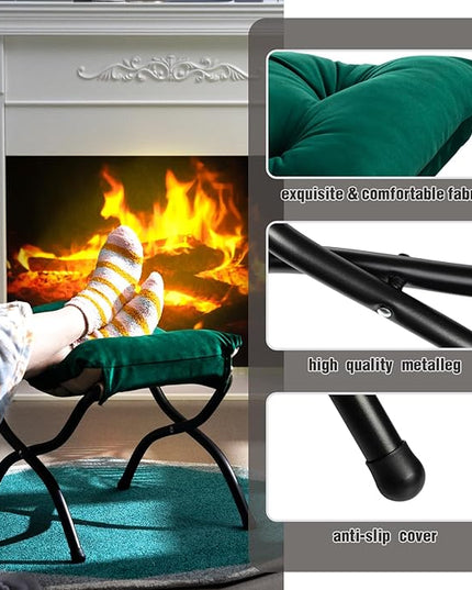 HollyHOME 15"(H) Folding Footrest Stool, Upholstered Small Foldable Ottoman, Accent Padded Sofa Foot Stool for Lazy Chair, Metal Frame Portable Foot Rest Ottoman for Home, Living Room, Bedroom, Green
