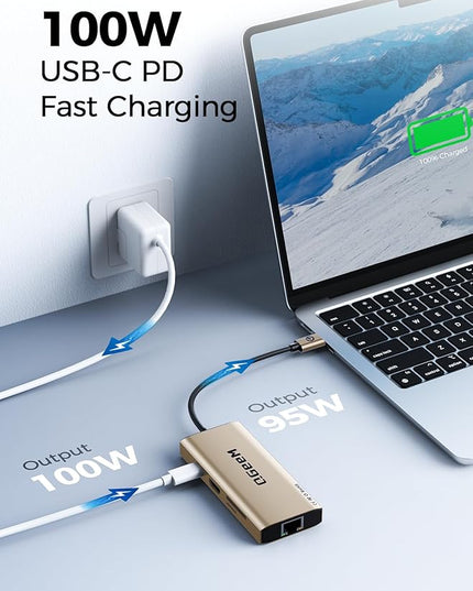QGeeM USB C Hub Ethernet,9 in 1 USB Type C Hub HDMI Multi-Port Converter Adapter,100W Pd, USB 3.0,SD/TF Card Reader,Compatible for MacBook Pro Air Ipad HP Dell Lenovo Chromebook etc.-Brown