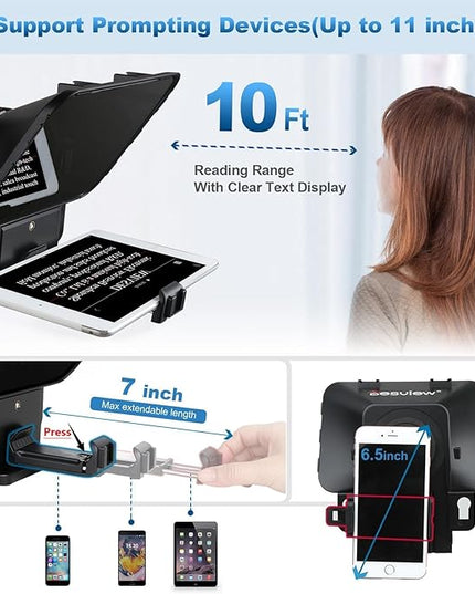 Desview T3 Portable Teleprompter for iPad Tablet iPhone up to 10 inch High Definition 70/30 Beam Splitter Glass with Remote Control for DSLR Camera Smartphone Video Recording (9 Lens Adapter Ring)