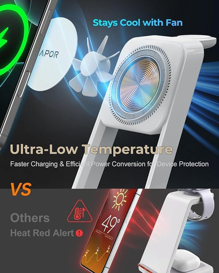 3 in 1 Charging Station for iPhone, Magsafe Wireless Charger with Cooling Fan for iPhone 17 16e 16 15 14 13 12 Series & Apple Watch Charger, Wireless Charging Station for AirPods 4/3/Pro (White)