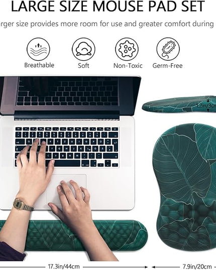 Mouse Pad Wrist Support, Laokiiy 2 in1 Keyboard Wrist Rest+ Ergonomic Mouse Pad, Non-Slip Wrist Rest for Computer Keyboard, Made Easy Typing & Relieve Wrist Pain（Banana Leaf Green）