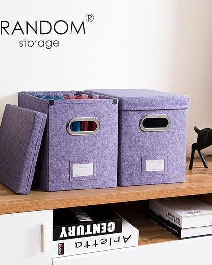 PRANDOM File Organizer Box - Set of 2 Collapsible Decorative Linen Filing Storage Hanging File Folders with Lids Office Cabinet Letter Size Purple (14x9.3x10.8 inch)