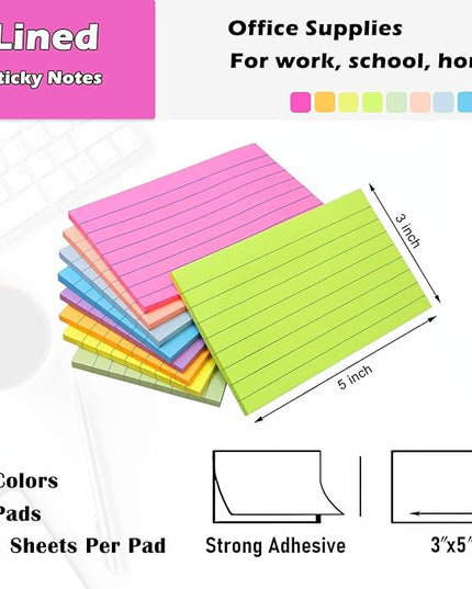 9 Pack Lined Sticky Notes 3x5 in Large Sticky Notes, 9 Bright Multi Colors Self Big Sticky Notes Pad Its, Strong Adhesive, Sticky Note Large for Notebook, Office, School and Home
