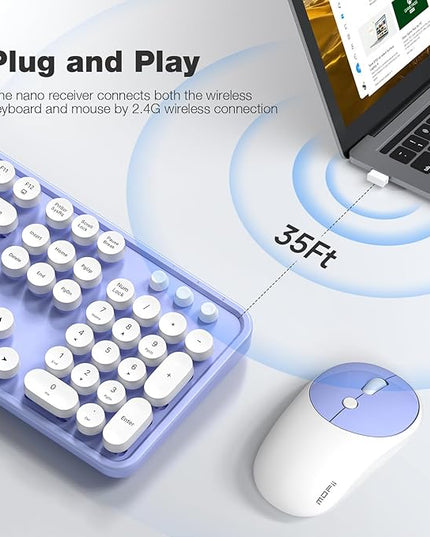 MOFII Wireless Keyboard and Mouse Combo, Computer Full Size 2.4G Plug and Play Wireless Typewriter Retro Round Keyboard and Mouse Set for Windows, Computer, Desktop, PC, Notebook - (Light Purple)