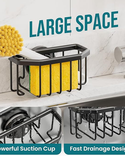 TAILI Sponge Holder with Strong Suction Cup, Dish Sponge Caddy Inside Sink Removable, Rustproof Aluminum for Sponges, Brushes, Stoppers and Scrapers - Black