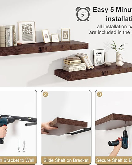 Heimlove 12" Deep Floating Shelves for Wall Shelf Over Toilet Wall Mounted Farmhouse Long 55 inches Set of 1, Farmhouse Shelves with Invisible Brackets for Living Room, Kitchen, Bedroom,Rustic Brown