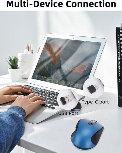 Wireless Mouse with Bluetooth, USB A, USB C Receiver, Rechargeable, Full Size Mouse, Ergonomic, Silent, for MacBook/Laptop/Computer/PC/iPad-Blue
