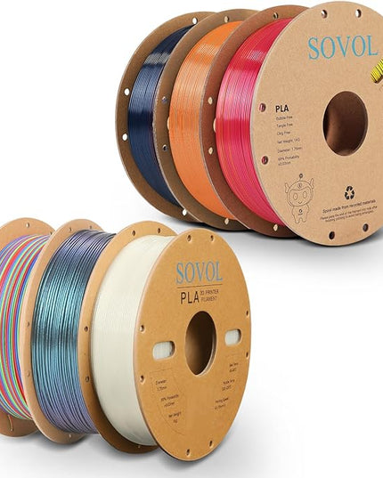 Sovol PLA Filament 6KG, Silk Tri Color & Dual Color Co-Extrusion PLA, Shiny Multicolored Fast Change Rainbow 3D Printer Filament, Matte & Glitter & Glow in The Dark PLA 1.75mm 1kg/ 2.2lbs +/-0.03mm
