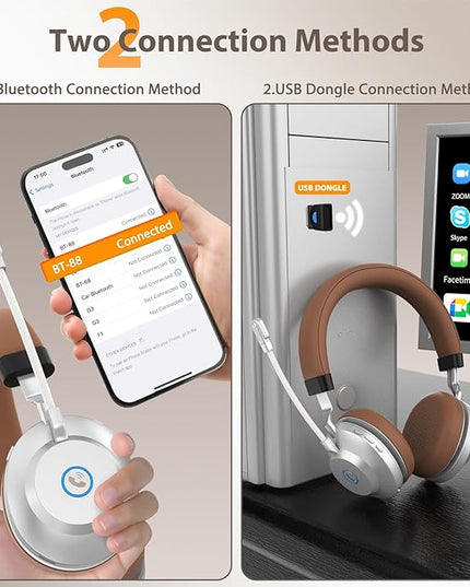 Wireless Headset with Mic for Work, Bluetooth Headset with Noise Cancelling Mic for Clear Calls, Bluetooth V5.3 Headphones with Mic Mute & USB Dongle, Charging Base for PC/Laptop/Phones/Call Center