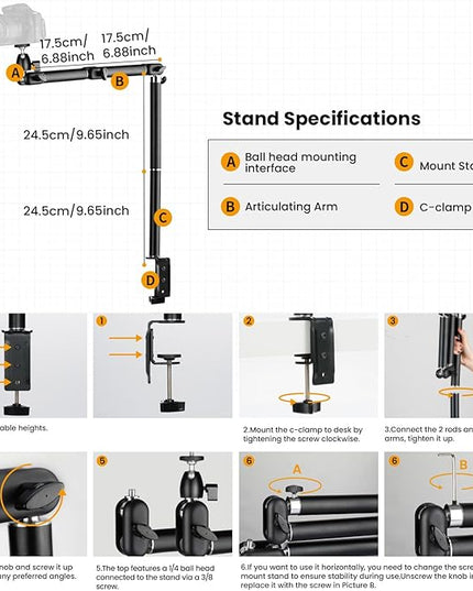 TARION Desk Camera Mount Stand Heavy Duty Articulated Camera Arm Articulating Table Mount Stand Adjustable Flexible Gear Joints TKA01-L