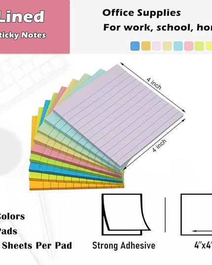9 Pads Lined Sticky Notes 4x4 in Post, 9 Multi Colors Super Sticking Power Memo Pads, Strong Adhesive, 4x4 Sticky Notes Large Eeay for Office, School, Home Use
