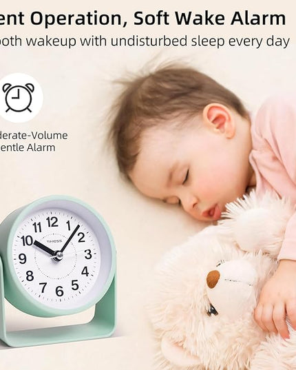 TIMESS Analog Alarm Clock, Silent Non-Ticking Quartz Movement, Battery-Operated with Snooze & On-Demand Light, Easy to Set Gentle Wake Bedside Desk Clock, Ideal for Home, Travel, Office (Green)