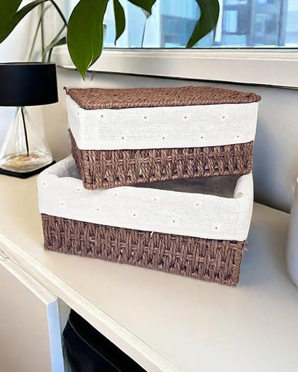 GIB Wicker Woven Storage Baskets with Lids Set of 3 Size, Decorative Paper Rope Small Nesting Baskets Removable Liner Container Bins for Shelves Pantry Table Keys Gifts Makeup Organizer, Brown