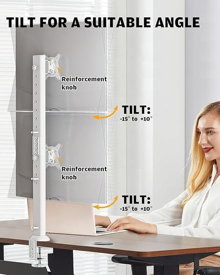 Hemudu Dual Monitor Articulating Desk Mount Arm Stand - Vertical Stack Screen Supports Two 13 to 34 Inch Computer Monitors with C Clamp White