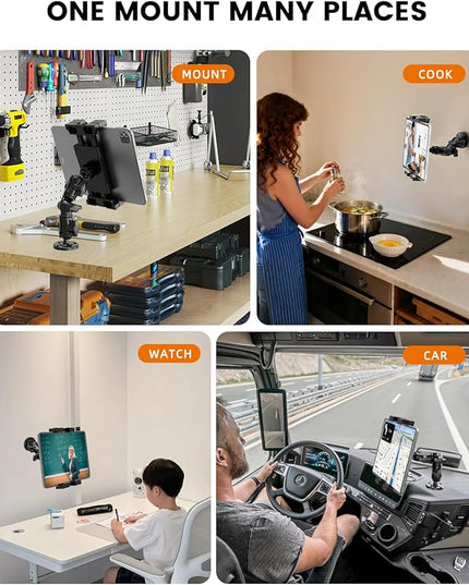 OHLPRO Heavy Duty Drill Base Tablet Mount for Truck Dashboard, 360° Rotating Adjustable Arm, Soporte para Tableta para Auto Fits 5–17 Inch Devices, Secure iPad Holder for Car & Commercial Vehicles