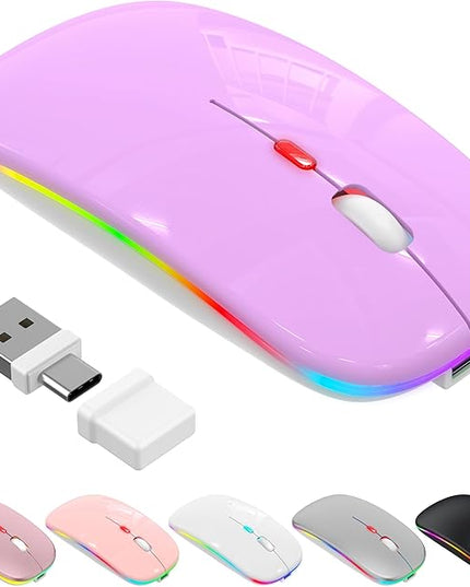 Azmall Bluetooth Wireless Mouse, Slim LED Rechargeable Silent Mouse with 2.4GHz USB-A/USB-C Receiver & Type-C Adapter, Compatible with Laptop, MacBook, iPad, iPad Pro,Mac,Tablet - Purple