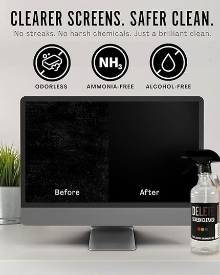 Delete Screen Cleaner Spray Kit, 16oz Bottle and 12"x12" Microfiber Cleaning Cloth, Streak-Free, Safe and Gentle Formula, Multi-Purpose for Devices, Large TVs, Computers, Monitors, Smart Phones