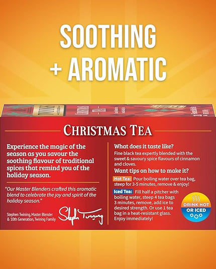 Twinings Christmas Black Tea Individually Wrapped Bags, 20 Count (Pack of 1), Aromatic Cinnamon & Clove, Caffeinated, Enjoy Hot or Iced, 20 Teabags