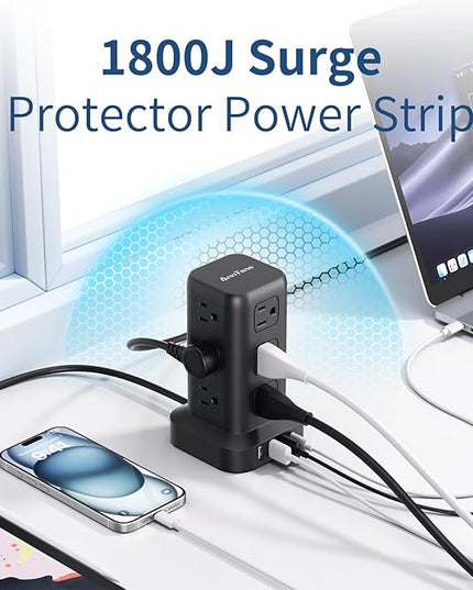 Surge Protector Power Strip 6.5 FT Cord, Power Strip Tower with 4 USB Ports (1USB C), Extension Cord with 12 AC Multiple Outlets, Home Office Supplies Desk Accessories, Dorm Room Essentials
