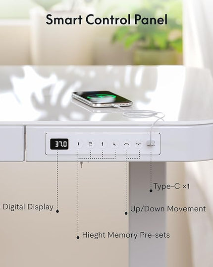 FLEXISPOT Comhar Electric Pure Glass Standing Desk with Drawer Desktop & USB Charge Ports, 48" Ergonomic Height Adjustable Sit to Stand Desk for Home Office (White, Glass)