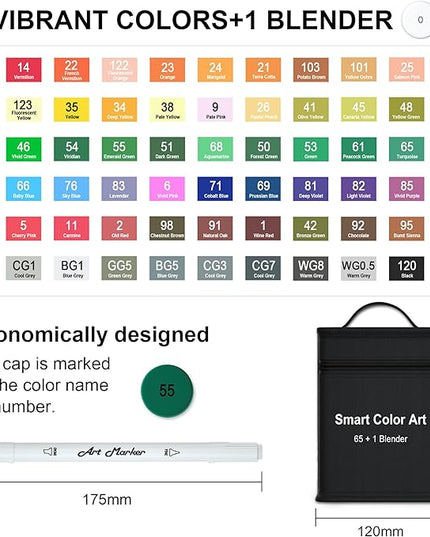 ChicRosa Art Markers, 65 Coloring Markers and 1 Blender, 66 Pack Alcohol Based Dual Tip Permanent Markers Highlighters with Case, Excellent for Adults Kids Coloring Marking Drawing Sketching (Black)