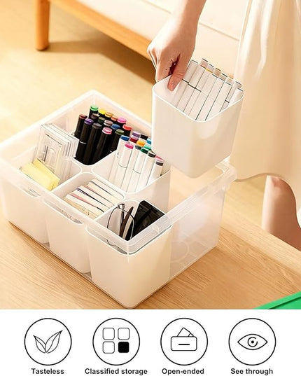 loobuu Plastic Storage Bins with Lids, Art Craft Supply Organizer Box with Brush Pot, Multipurpose Stackable Storage Containers for Organizing Tool, Craft, Crayon,Sewing (Green)