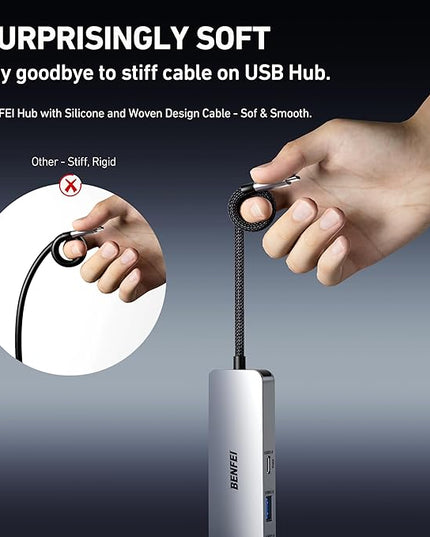 BENFEI 6-in-1 USB C Hub with HDMI(4K@60Hz), 2 USB-A, 1 USB-C Data, 100W Charge, Gigabit Ethernet, Silicone Tangle-Free Cable Compatible with MacBook Pro/Air, iPad Pro, iMac, iPhone 15 Pro/Pro Max