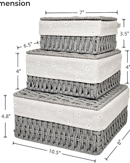 GIB Small Wicker Storage Baskets with Lids and Liner, Rectangular Paper Rope Woven Baskets for Organizing, Decorative Boxes Boho Decor for Shelves Table Desktop Makeup Organizer, Set of 3, Grey