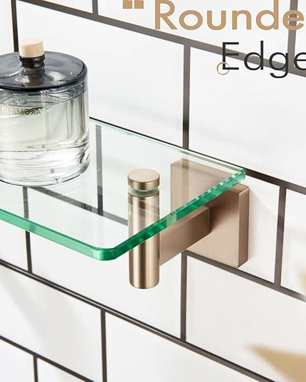 KOKOSIRI Wall Shelves Bathroom Hardware Tempered Glass Floating Shelf Hanging Rack Storage/Room Decor 20-Inch Champagne Bronze 2 Pack B1105CPG-L20-P2