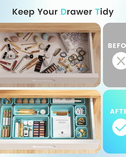 A-LuGei 【𝟮𝟴𝗣𝗖𝗦】 【𝟱𝗦𝗶𝘇𝗲】 BlueGreen Drawer Organizer, Makeup organizer, 【Holds 177 Items】 Bathroom Organizers and Storage, Plastic Desk Organizer Divider, Organizer Bins for Office Vanity
