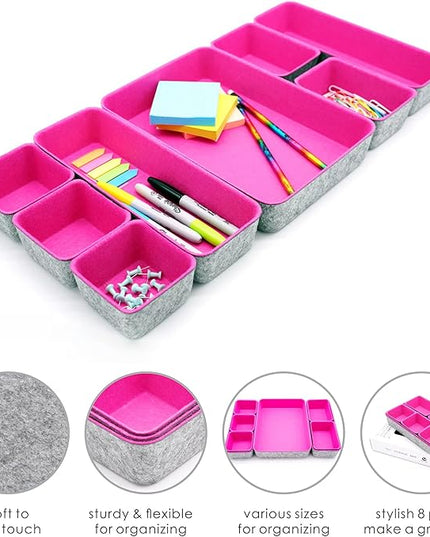 Welaxy Desk Drawer Organizer Tray Set, 8-Piece Office Drawer Organizers for Pens, Makeup, Keys, Crafts, Entryway Catchall, Decluttering Storage (Hot Pink)