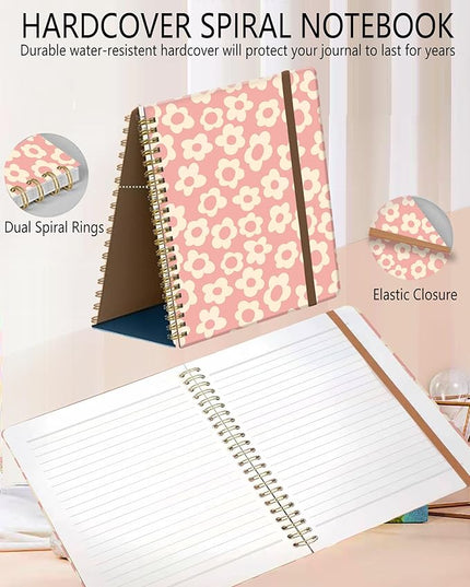 Spiral Journal Notebook, A5 Cute Notebooks for Women Men, College Ruled Hardcover Notebook for Work & Note Taking, 60 Pages Double-Wire Journals for Writing, Pink Cute Daisy