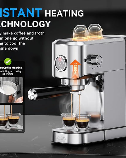 20Bar Espresso Machine, Compact Espresso Maker with Milk Frother, Stainless Steel Coffee Machine for Cappuccino&Latte, 42oz Water Tank, Visible Pressure Gauge, Home&Office, Silver