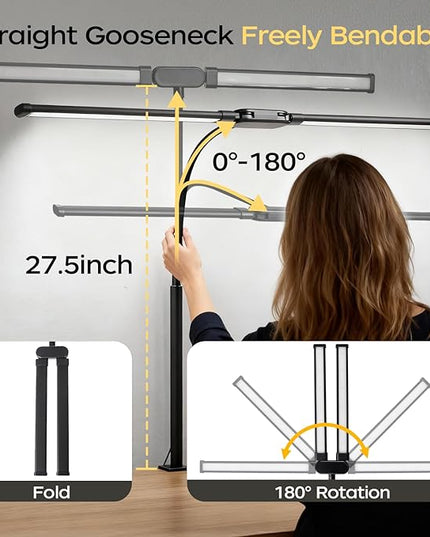LED Desk Lamp with Clamp, Double Head Adjustable Architect Light, Eye-Caring Monitor Desk Lamp for Home Office, Flexible Gooseneck Task Lamp with 10 Brightness Levels & 5 Color Temperature Modes Black
