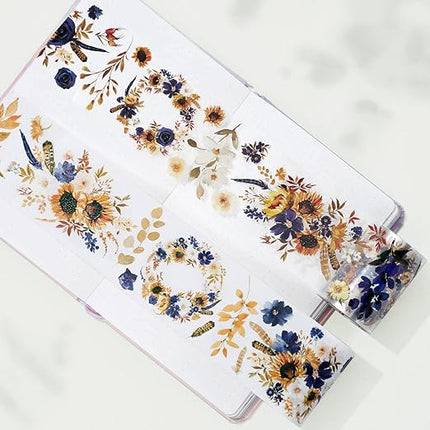 WT PET Tape, Floral Sunflower & Navy Design, Wide Decorative Craft Tape, Single Roll, Clear Transparent Tape for Bujo Planner & DIY Scrapbooking Supplies