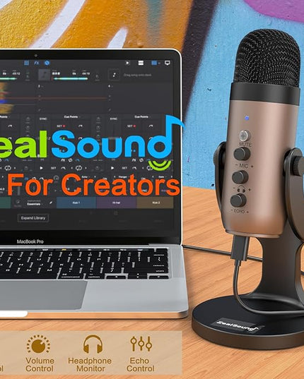 ZealSound USB Microphone,Condenser Computer PC Mic,Plug&Play Gaming Microphones for PS 4&5.Headphone Output&Volume Control,Mic Gain Control,Mute Button for Vocal,YouTube Podcast on Mac&Windows(Gold)