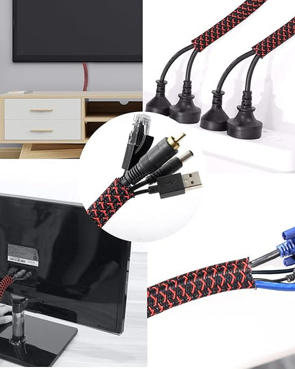 CrocSee 10ft - 1/2 inch Braided Cable Management Sleeve Cord Protector - Self-Wrapping Split Wire Loom for TV/Computer/Home Theater/Engine Bay - Black/Red